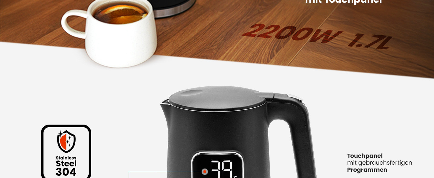 Електричний чайник 1.7 л з тачскріном, 2200 Вт, регулювання температури (40–100°C), 5 програм, підтримання тепла, нержавіюча сталь, бездротовий, чорний