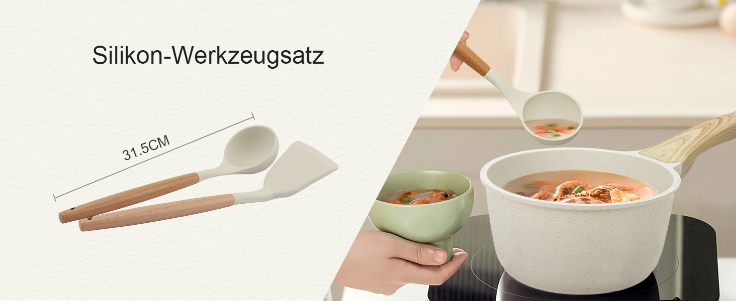 Набір посуду GiPP 10 предметів: каструлі та сковороди з гранітним покриттям, білий. Підходить для всіх типів плит, включаючи індукційні. У комплекті лопатка та ложка.