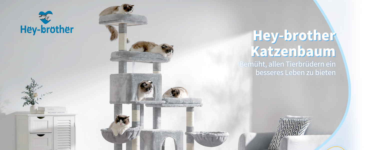 Котячий будиночок Hey-brother XXL для великих котів, 180 см, стабільний, з 3 платформами, 3 гамаками та 2 котячими будиночками (світло-сірий)