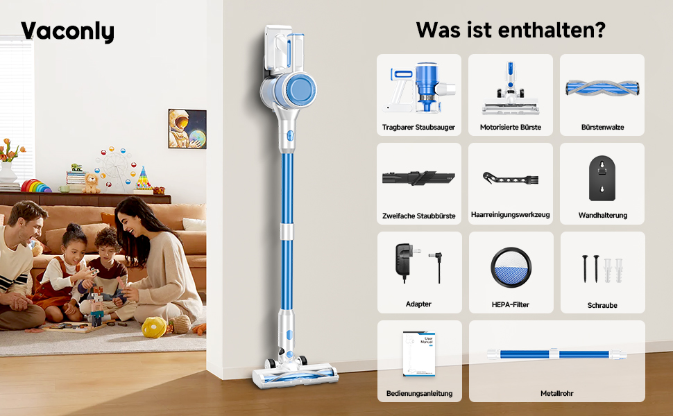 Бездротовий акумуляторний пилосос 35KPA/45Mins з LED-підсвічуванням, HEPA-фільтром та потужною насадкою для твердих підлог, килимів та шерсті тварин (Блакитний)