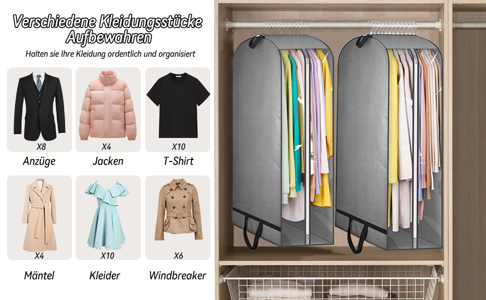 Чохли для одягу, 2 шт. - сірі, 110x60x25 см, з блискавкою. Захист від пилу та комах. Ідеально для зберігання та подорожей