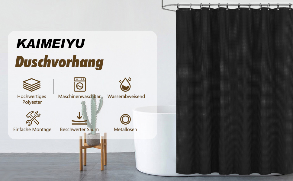 Штора для душу миюча текстильна поліестер 180x180 см чорна з кільцями (1 шт.)