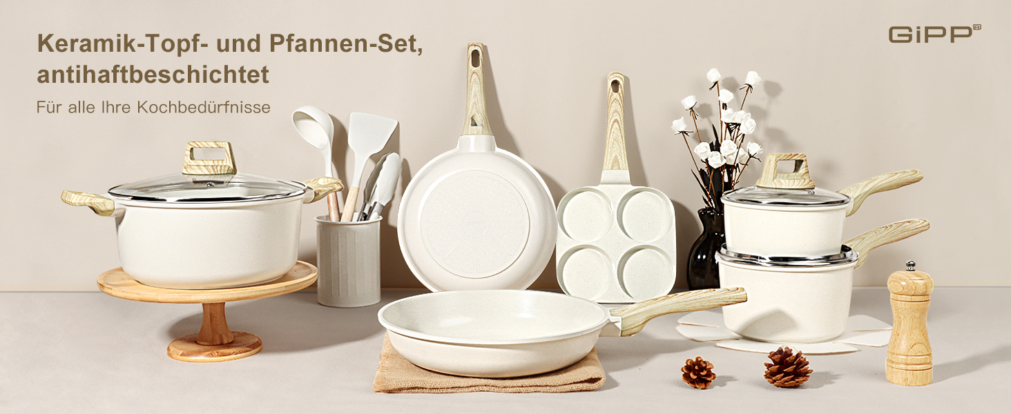 Набір кухонного посуду GiPP з кришкою, антипригарне покриття кераміки, набір каструль та сковорідок для всіх типів плит, (білий, 17 предметів)