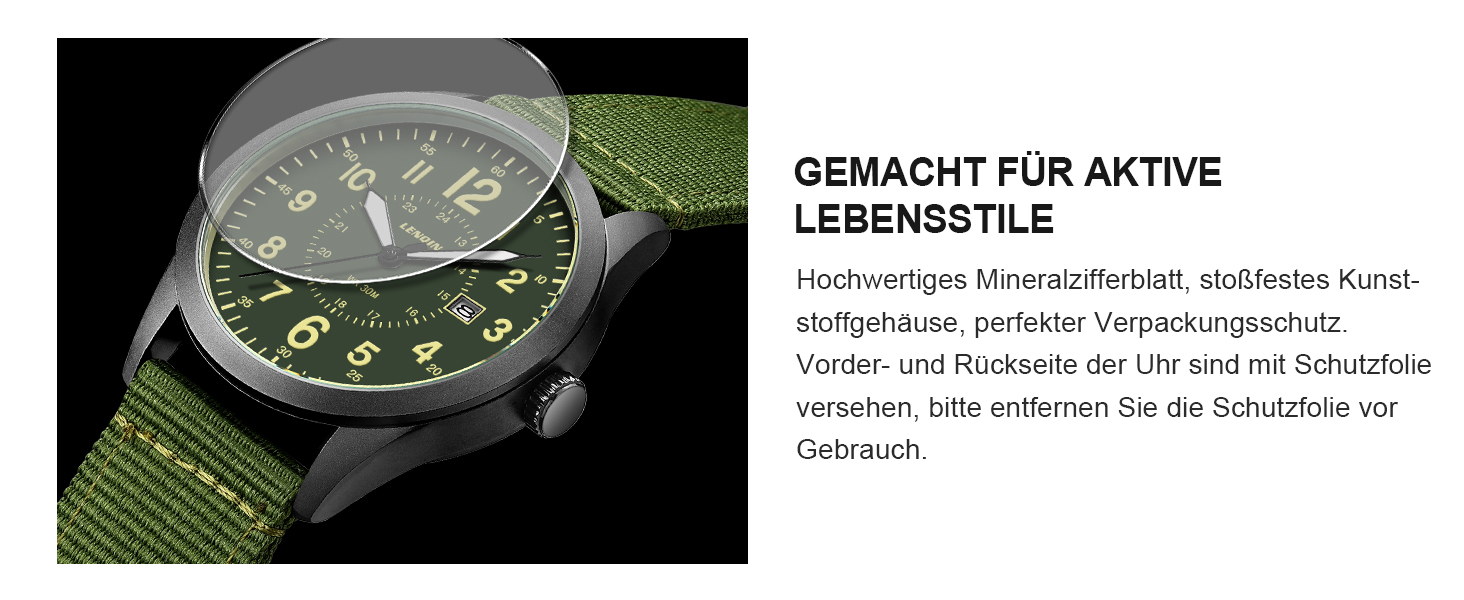 Годинник чоловічий LN LENQIN Military 30M водонепроникні годинники з датою, кварцові, тактичні, з нейлоновим ремінцем (зелено-чорний)