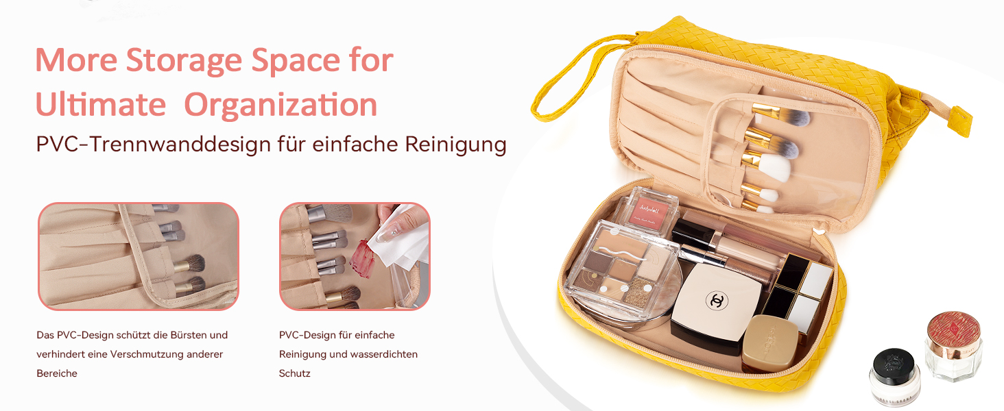 Жіноча косметичка-органайзер для макіяжу велика, водовідштовхувальна, з відділенням для пензлів, для подорожей (B-жовтий)