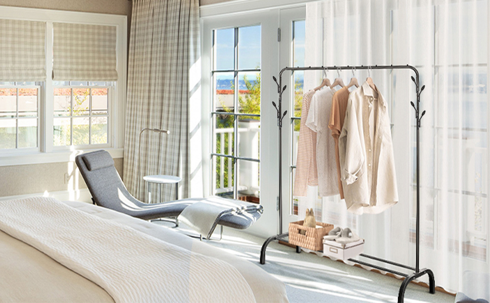 Стійка для одягу на підлозі, чорна, з полицею для взуття та нижньою полицею, металева, для спальні