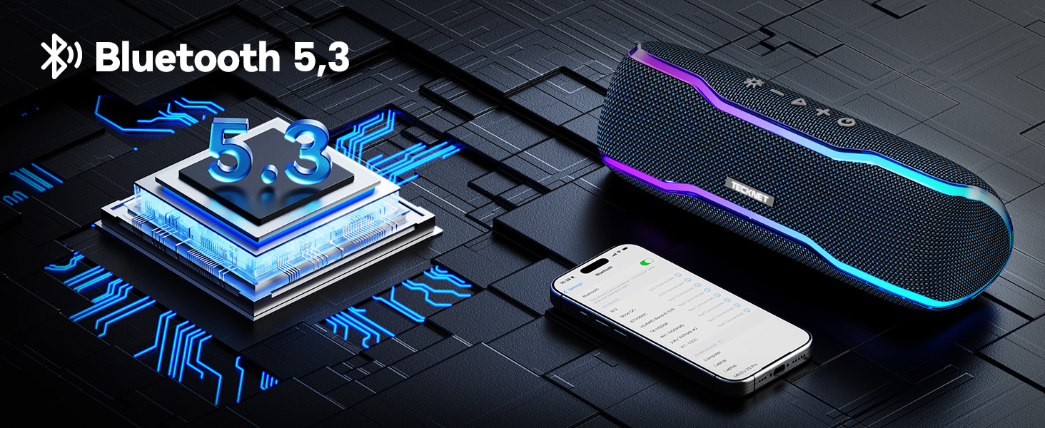 TECKNET Bluetooth колонка з підсвіткою, IPX7, 30W, чорна - портативна бездротова колонка Bluetooth 5.3 для вечірок, подорожей
