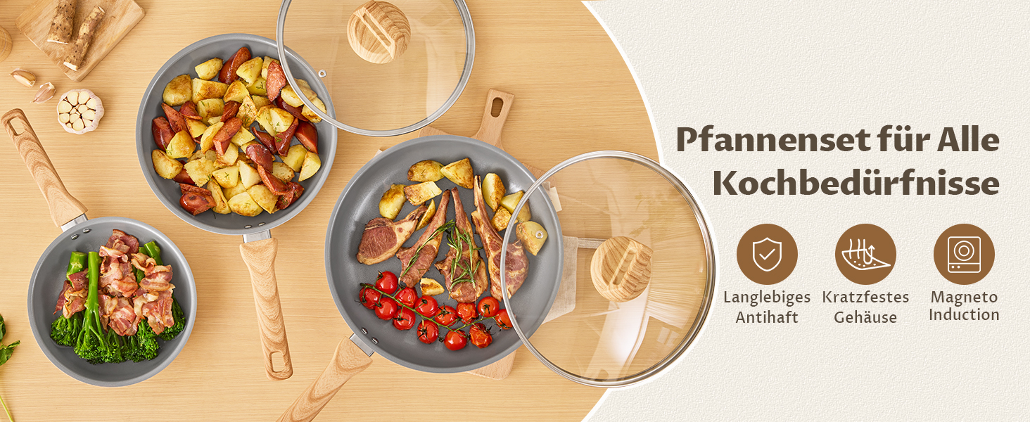 Набір сковорідок Induktion 5-ти частинний, діаметр 20, 24, 28 см, керамічне покриття, антипригарні, з бакелітовими ручками, підходить для всіх типів плит, без PTFE, PFAS, PFOA