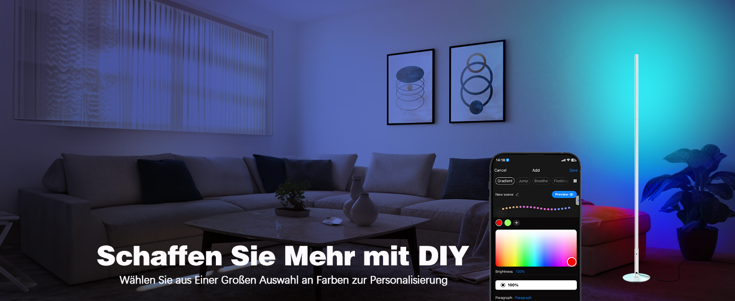 LED-лампа Fortand кутова, WiFi, RGBCW, диммування, для вітальні/спальні, з пультом, сумісна з Alexa/Google Home, 155 см (кругла база)