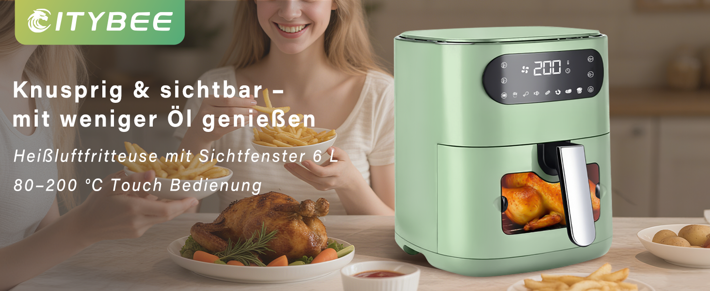 Фритюрниця повітряна 6л з окремим кошиком, прозорим вікном, 7 програм приготування, 11 функцій, тиха, легка чистка, таймер, сенсорний екран, 10 листів пергаментного паперу для сімейного використання (зелена)