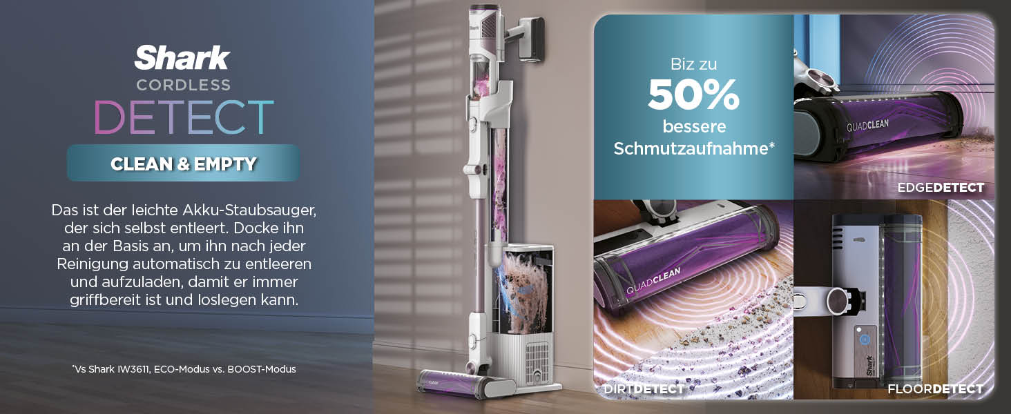 Пылесос Shark Clean & Empty: аккумуляторный, с базой самоочистки, до 40 мин работы, беспроводной, для шерсти животных, ковров и твердых полов, с LED-подсветкой, тихий, белый/синий, BU3521EU