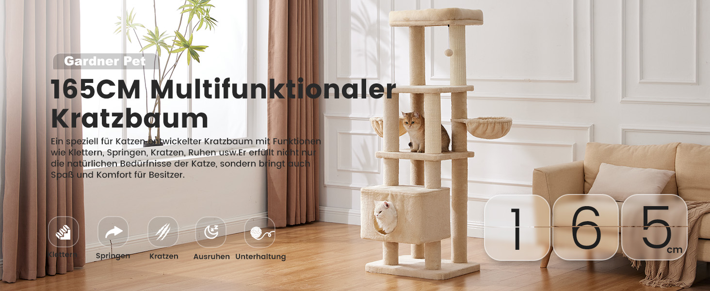 Кліматизатор для котів Гарднер Пет Катценбаум, великий, 165 см. Кліматизатор, ігровий комплекс з подвійними кошиками, стійками для дряпання, платформою та печерею. Компактні меблі для котів у квартиру, бежевий L (59 x 48 x 165 см)