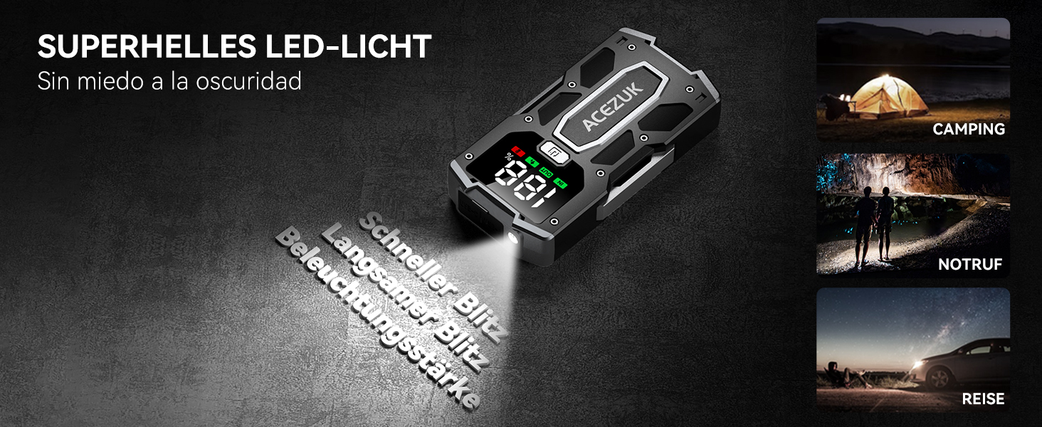 Портативний зарядний пристрій Starthilfe Powerbank 6000A для авто: запуск двигуна, LED-ліхтарик, великий екран, чорний M01