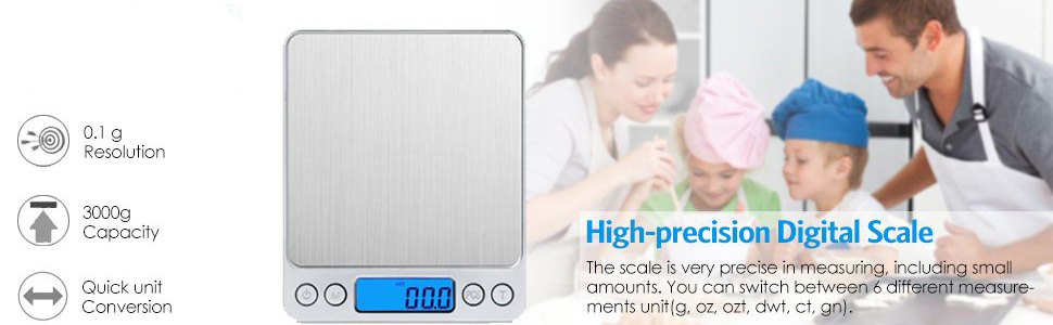 Кухонні ваги 3000г з LCD-дисплеєм та функцією тарування, для їжі та ювелірних виробів, з нержавіючої сталі