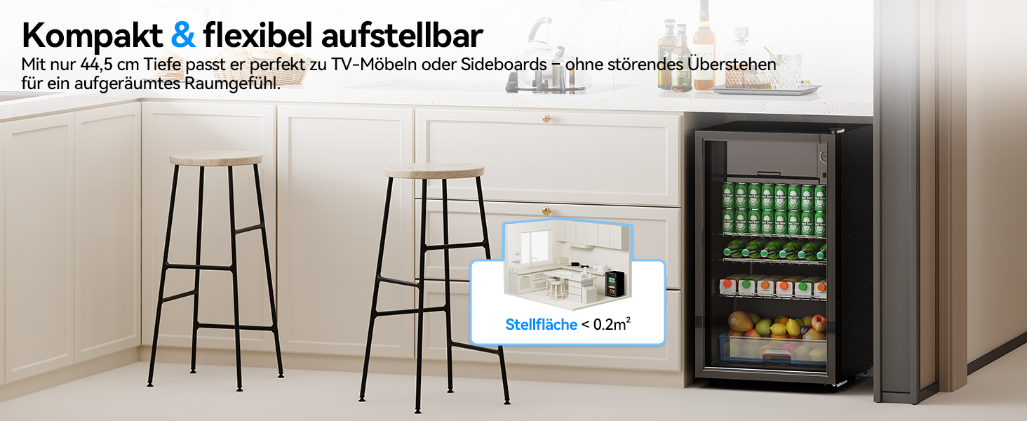 Холодильник для напоїв Devoko 93L з скляними дверцятами та LED-підсвіткою. Регульовані полиці для колі, пива та вина. Чорний колір, ідеально для дому та офісу.