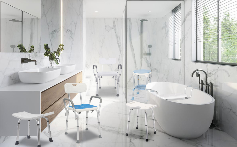 Ansobea Shower Stool for Seniors, Bath Stool, 7-Level Height Adjustable, 41-56 cm Shower Chair with U-Shaped Hygiene Cutout, Bathroom Stool, Stable for the Shower