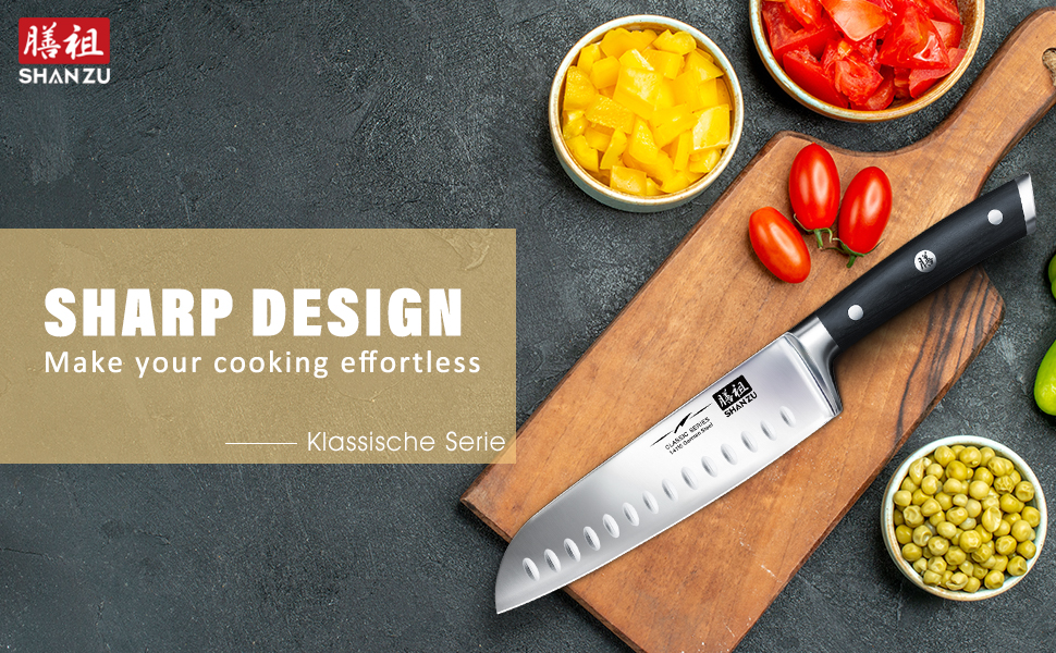 Кухонний ніж Santoku SHAN ZU 18 см з німецької нержавіючої сталі, надгостре лезо, ергономічна ручка, подарункова упаковка