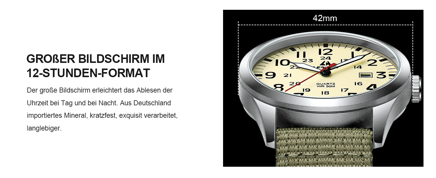 Годинник чоловічий LN LENQIN Military 30M водонепроникні, аналогові кварцові годинники з датою, нейлоновий ремінь, тактичний спортивний годинник (06- світло-зелений сріблястий жовтий)