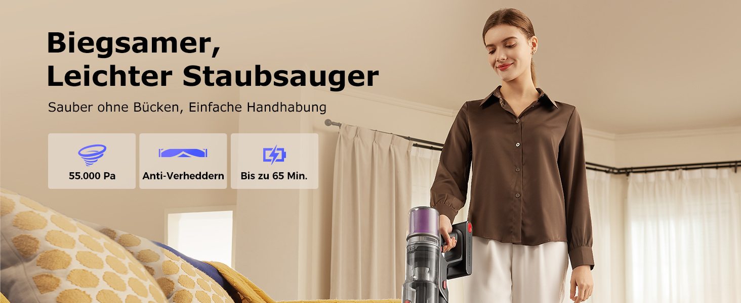 Бездротовий пилосос Proscenic P16 з акумулятором, 55 кПа, 550 Вт, 65 хв, гнучкий гофрований з'єднувач, GreenEye, щітка Anti-Tangle, для килимів, твердих поверхонь, шерсті домашніх тварин, автосалонів, блакитний