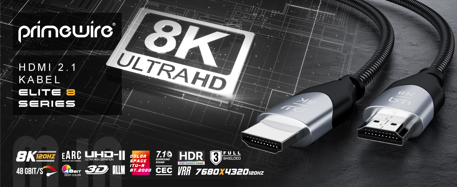 HDMI 2.1 кабель 8K Ultra High Speed II 2м (2 метри) з Ethernet, eARC, HDR10+, 120 Гц, DSC, Nylon, сумісний з Blu-Ray, PS4, PS5, Xbox