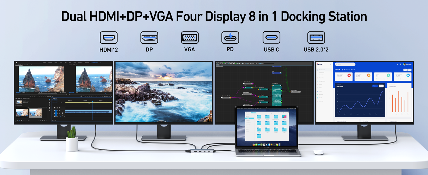 Док-станція для 2 моніторів, USB-C хаб 8 в 1: адаптер DisplayPort, HDMI, VGA, USB 2.0, PD 100W, для ноутбуків Dell, Thinkpad, Huawei (сірий)