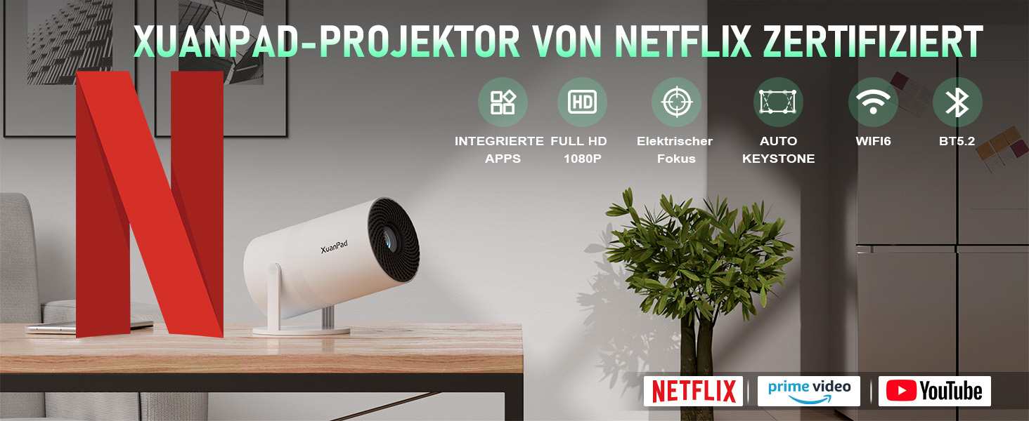 Проектор міні 1080P з автофокусом та WiFi/Bluetooth, 18000L, обертання 210°, для домашнього кінотеатру. Підтримка Netflix, автоматична корекція трапеції, фільтр пилу.