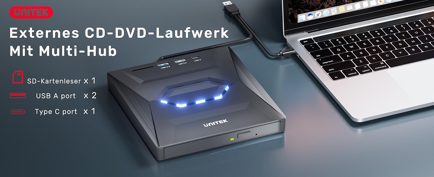 Зовнішній CD/DVD привід UNITEK USB-C/USB 3.0 з картридером SD та USB-хабом, портативний DVD-плеєр та записувач CD-ROM для ноутбука, ПК, Windows, Linux, macOS, чорний