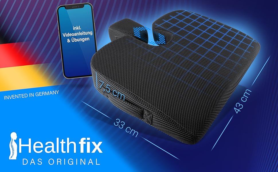 Клиноподібна подушка Healthfix для правильної посадки: ортопедична подушка з ефектом пам'яті, чорна, Medium (70-95 кг) для стільця, авто