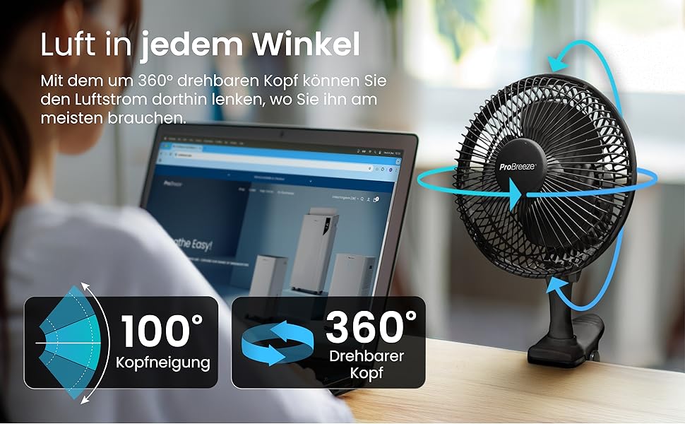 Mini вентилятор Pro Breeze з кліпсою, 20 см, 2 швидкості, тихий, для столу, офісу, кімнати (Чорний)