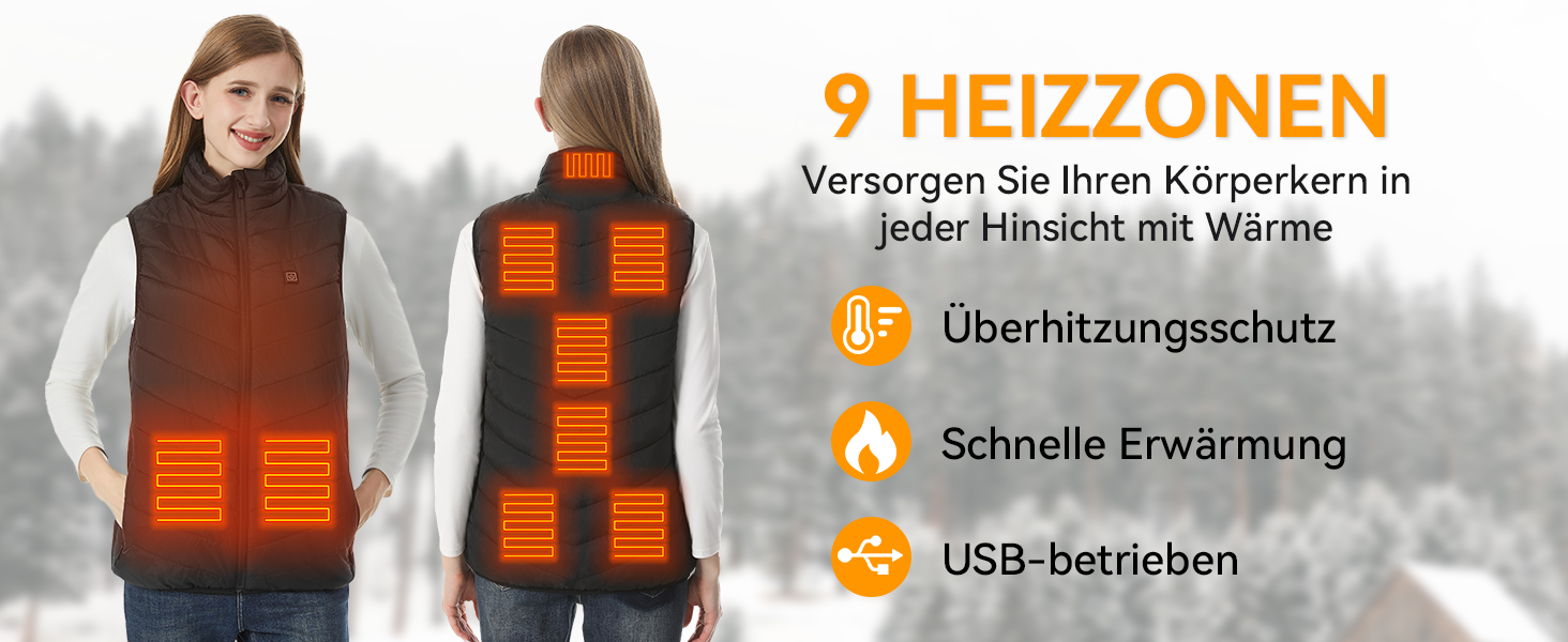 Обогрівальний жилет для чоловіків та жінок - USB жилет з 9 зонами нагріву та 3 рівнями температури, ідеальний для кемпінгу та піших прогулянок (Powerbank не входить до комплекту), чорний, 3XL