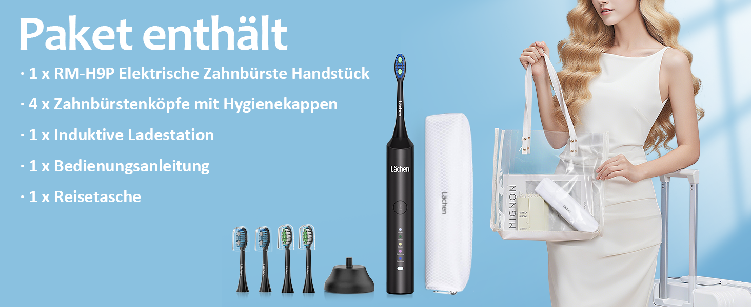 Електрична звукова зубна щітка Läschen, 5 режимів, з чохлом для подорожей, 4 насадки, USB-зарядка на 60 днів, таймер, IPX7 водонепроникність, чорна