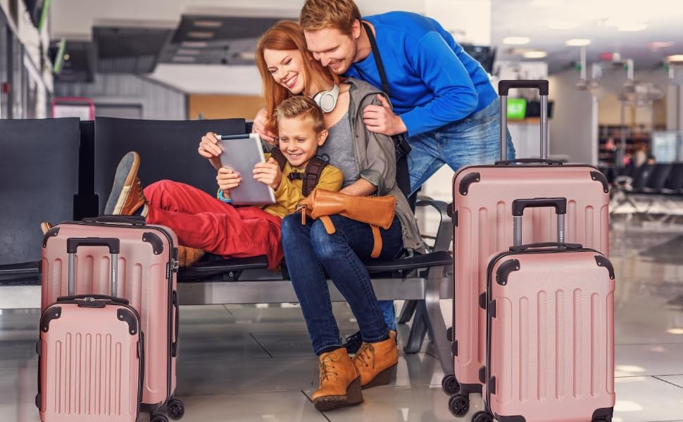 Набір валіз Arebos 4шт. з ABS-пластику | Чемодан-ролер з телескопічною ручкою | З замком-блискавкою, 360° колесами | Розміри S-M-L-XL | (Рожево-золотий)