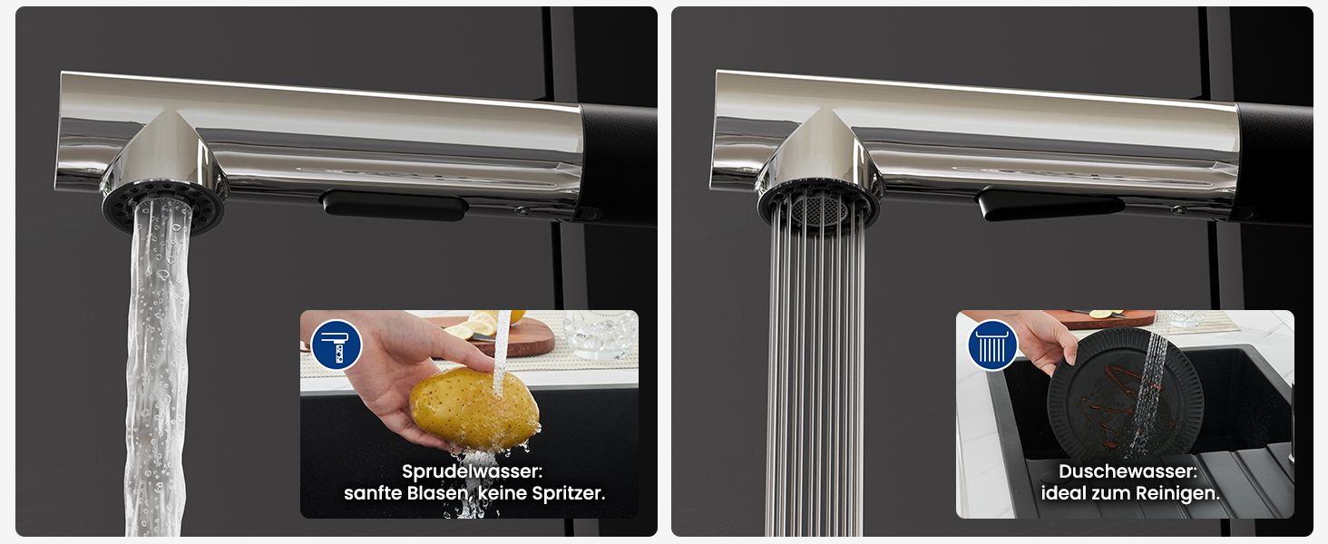 Змішувач для кухні CECIPA X203B чорного кольору з висувною насадкою, поворотний на 360°, з двома типами струменя, з нержавіючої сталі