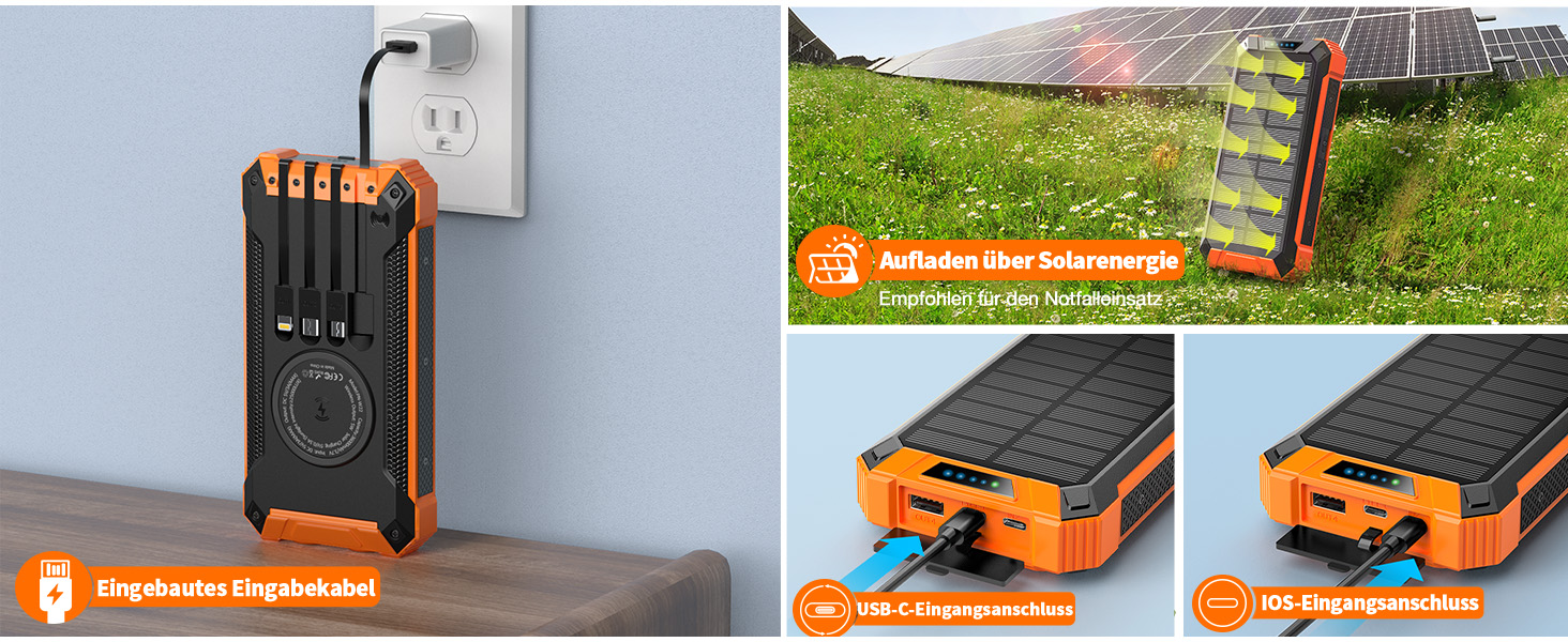 Power Bank Solar GOODaaa 26800mAh з 6 виходами, 4 входами, 15W, для мобільних пристроїв, з ліхтариком та карабіном (Оранжевий)