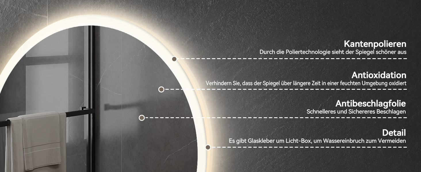 Дзеркало для ванної кімнати YOURLITE з підсвічуванням, діаметр 60 см, LED, сенсорне керування, 3 кольори світла, регулювання яскравості, антизапар, пам'ять, годинник, білий