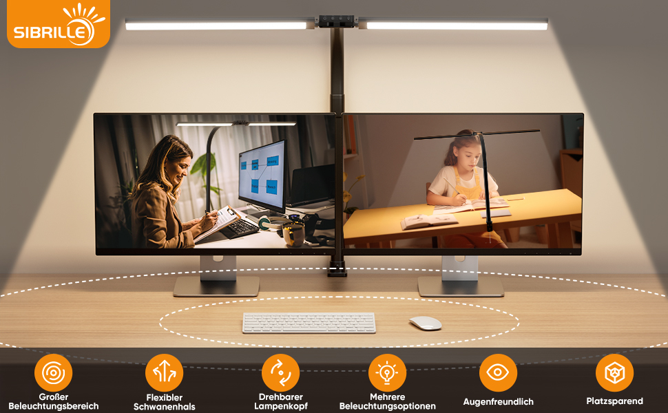 SIBRILLE LED Desk Lamp with Dual Heads - Dimmable, Clamp-On, Eye Protection Monitor Light, Daylight Lamp for Office, PC & Table Lamp with Swan Neck, Black