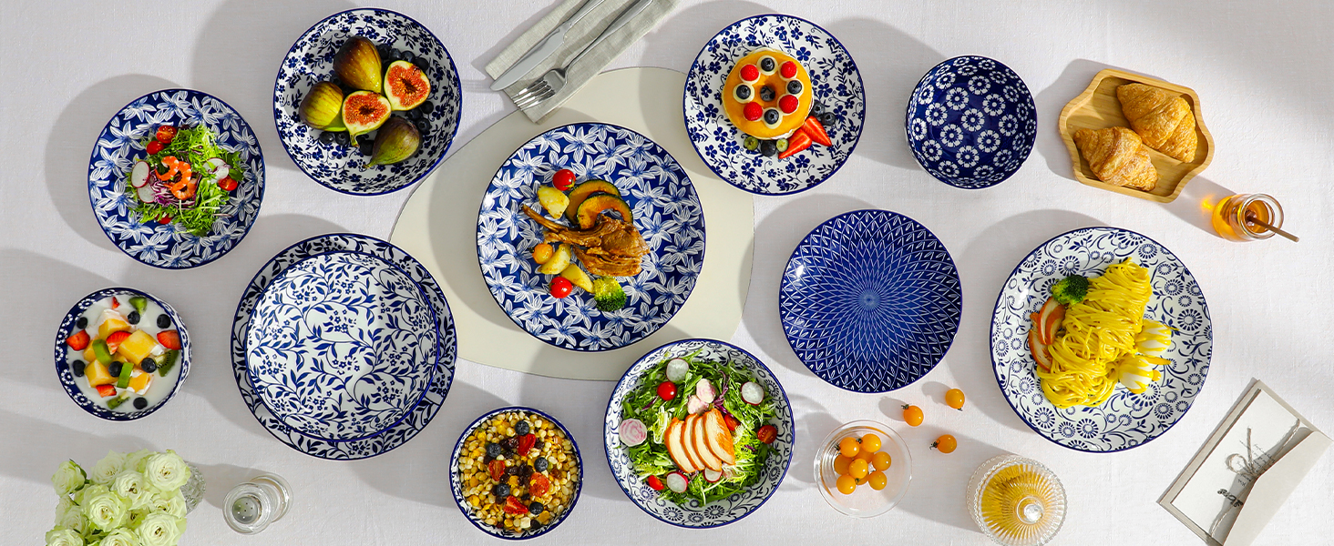 Набір посуду на 6 осіб Vancasso Selene 24 частини: тарілки, супові тарілки, салатники, миски. Керамічний сервіз з порцеляни, блакитно-білий.