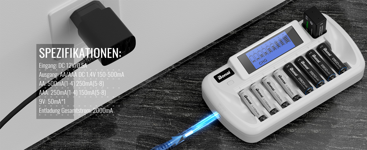 Зарядний пристрій BONAI для акумуляторів 9 слотів LCD, універсальний, інтелектуальний зарядний акумулятор з функцією розряду для AA/AAA/9V NI-MH акумуляторів