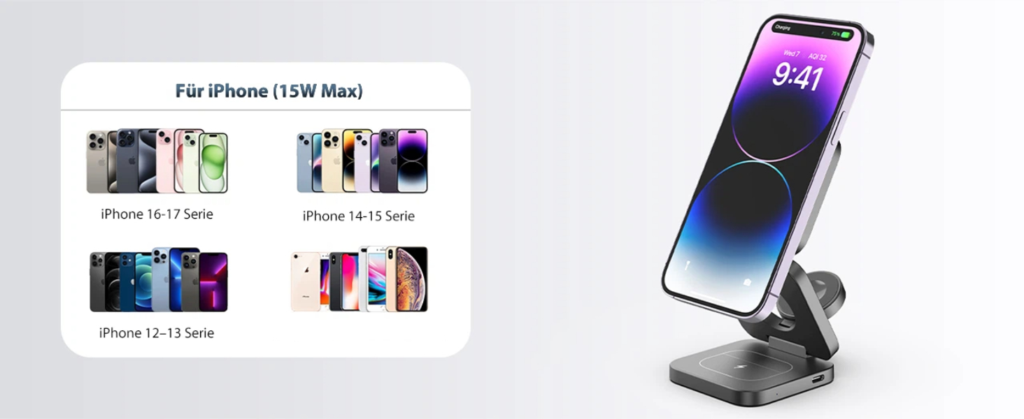 Зарядна станція KU XIU X55 15W MagSafe 3-в-1: для Apple Watch, iPhone 17-12, AirPods + USB-C 30W адаптер, сіра, складана, магнітна