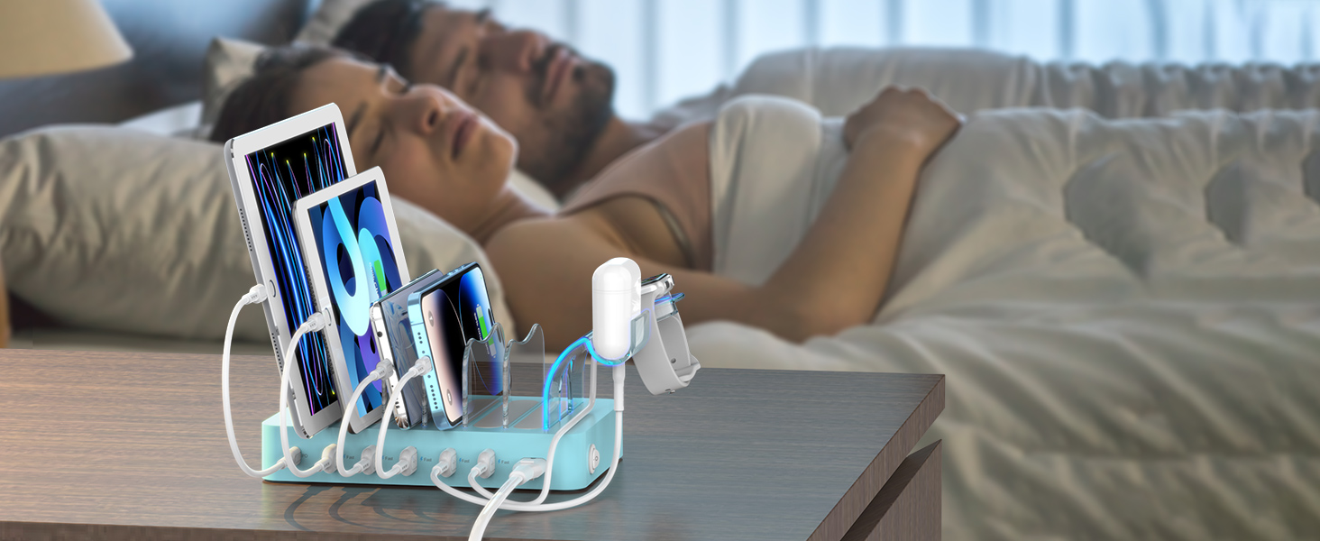 Зарядна станція SooPii USB 60W/12A, 6 портів, органайзер для декількох пристроїв з тримачем для Apple Watch, 6 кабелів (синій)