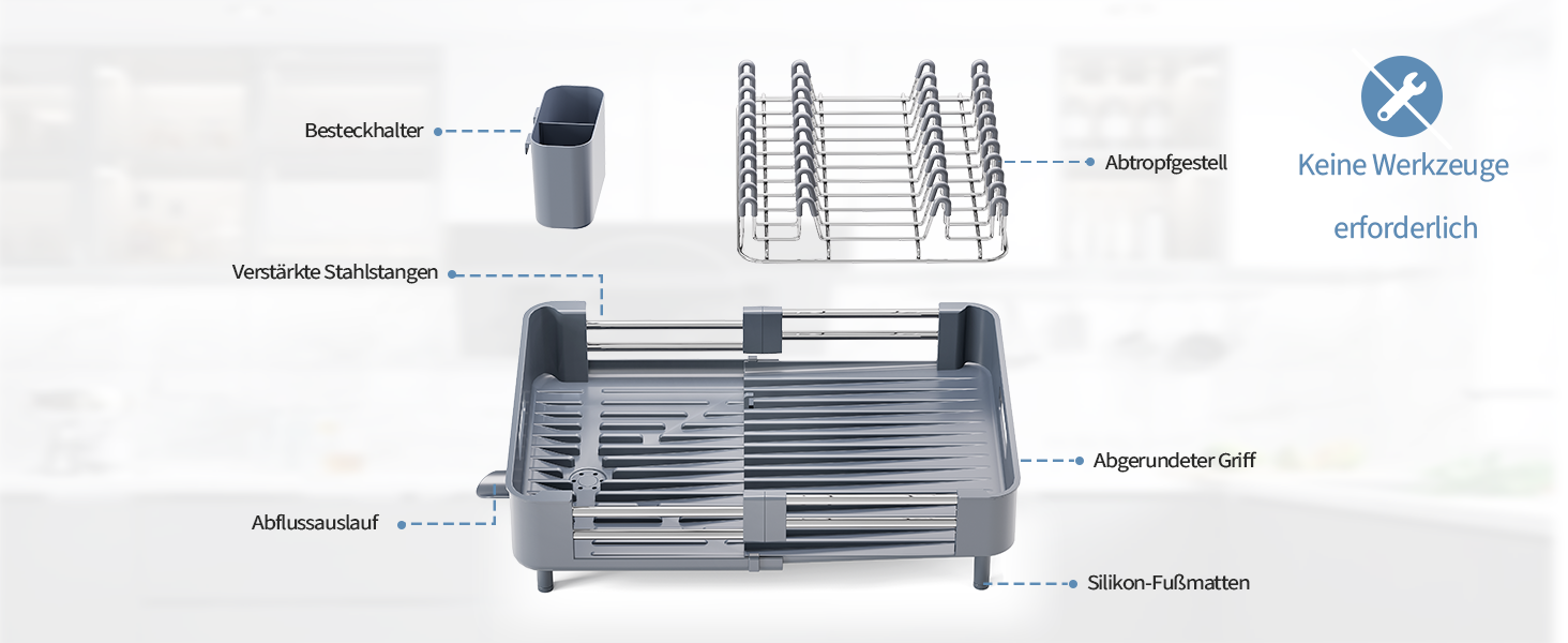 Стійка для сушіння посуду KINGRACK, розширювана, з нержавіючої сталі, сіра