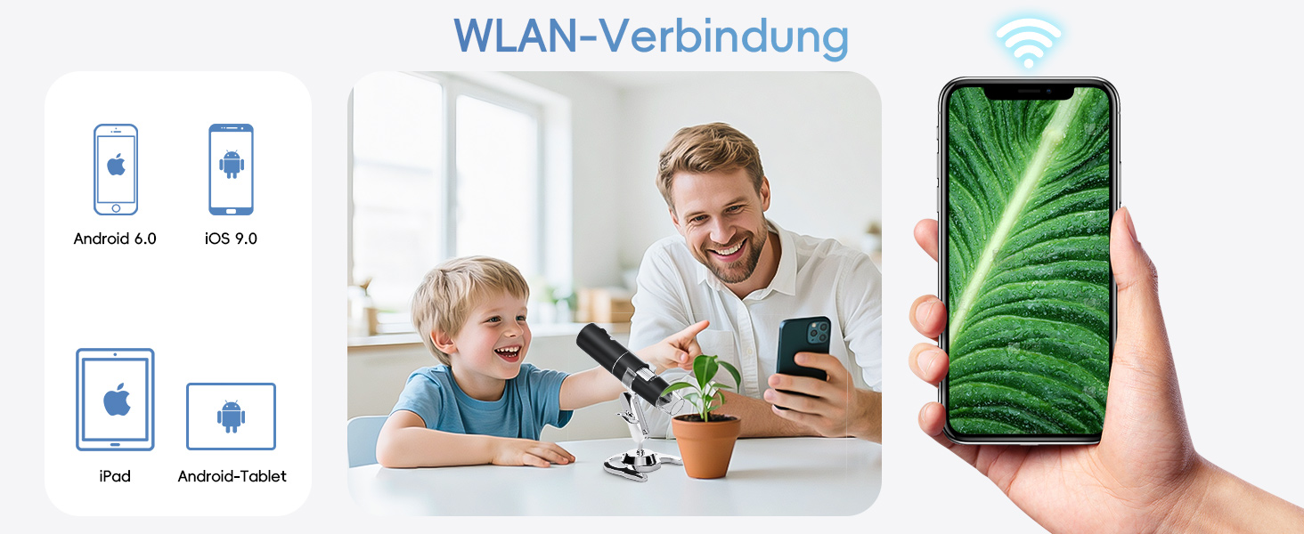 Цифровий мікроскоп Skybasic з Wi-Fi, 50x-1000x, 2.0 MP, 8 LED, сумісний з Android/iOS/Windows/MAC