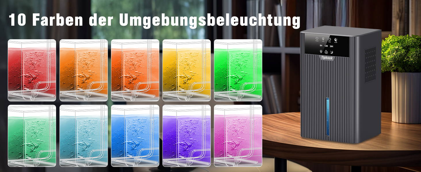 Електричний осушувач повітря Tipkook 2400 мл з автоматичним відтаненням, 10 кольорових світлодіодів, таймером 8/12/24 год, портативний для ванної, спальні, кухні, шафи, срільно-сірий