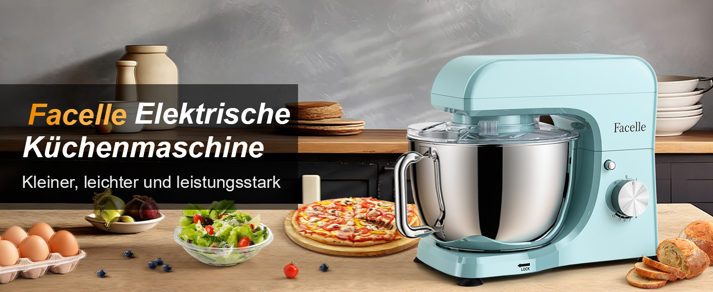 Кухонний комбайн-міксер 1300W з планетарним змішуванням, чаша 5.5л з нержавіючої сталі, 10 швидкостей, набір насадок та захист від бризок, Блакитний