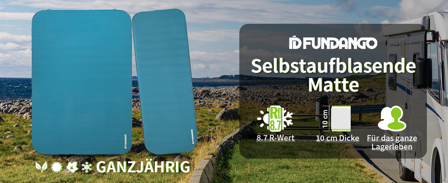 Килимок для кемпінгу Fundango самонадувний, 9.5 R-значення, піна-пам'ять, 10 см товщина, 3D посилення, м'яка оксамитова поверхня, для намету, подорожей на авто (одинарний та подвійний розмір)