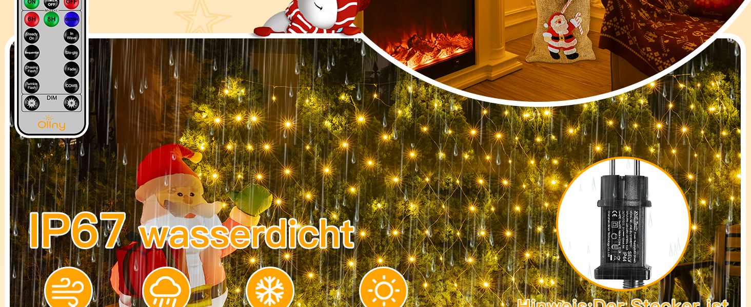 Льод-гірлянда сітчаста на 200 LED, 3x2м, тепле біле світло, з пультом, таймером, вологостійка. Підходить для декорування садів, кімнат, балконів.