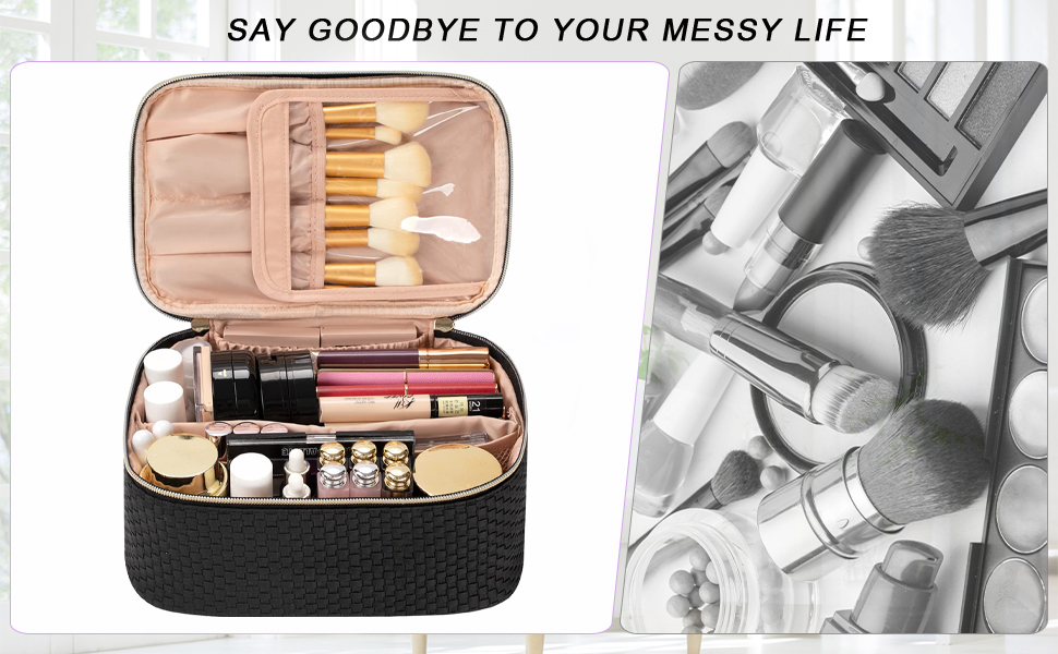 Жіноча косметичка для подорожей, водонепроникна, з відділенням для пензликів, з PU шкіри, велика, органайзер, косметичка для макіяжу (Хвилястий зелений, Елегантний чорний)