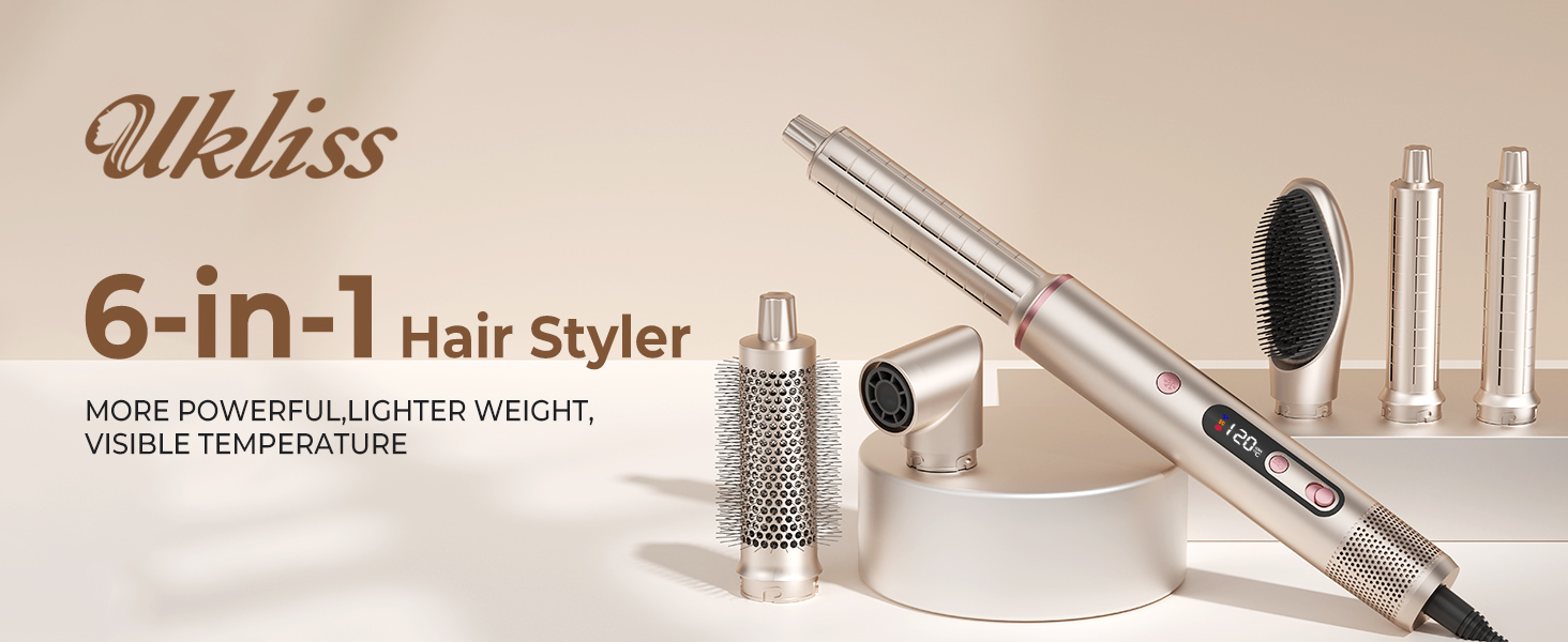 UKLISS Airstyler Pro 7 в 1: професійний фен-щітка з іонізацією, 1400W, для створення локонів, випрямлення та сушіння волосся (Золотий)