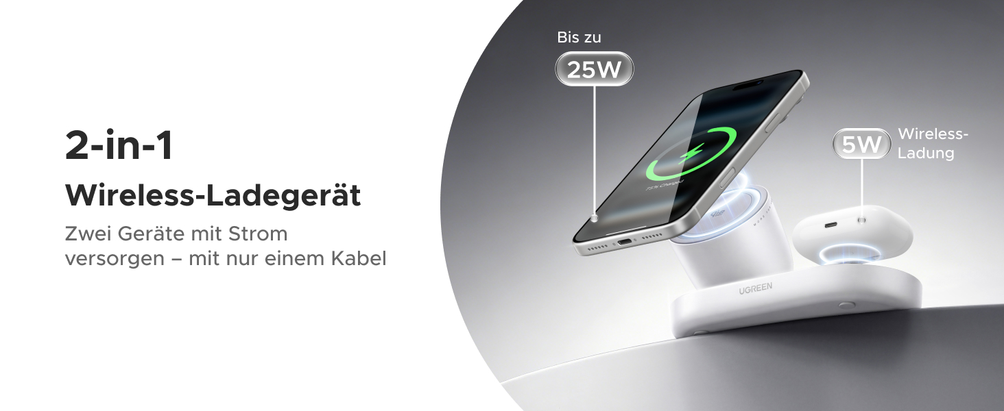 Бездротовий магнітний зарядний пристрій 2-в-1 UGREEN Zapix Qi2 25W, сертифікований, білий