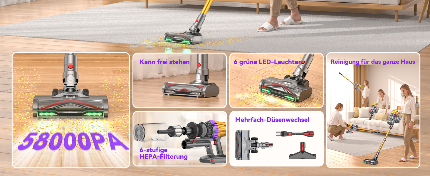 Бездротовий акумуляторний пилосос H9 58000Pa/650W з LED-дисплеєм та антизаплутувальною насадкою для тварин, килимів та твердих поверхонь, золотистий